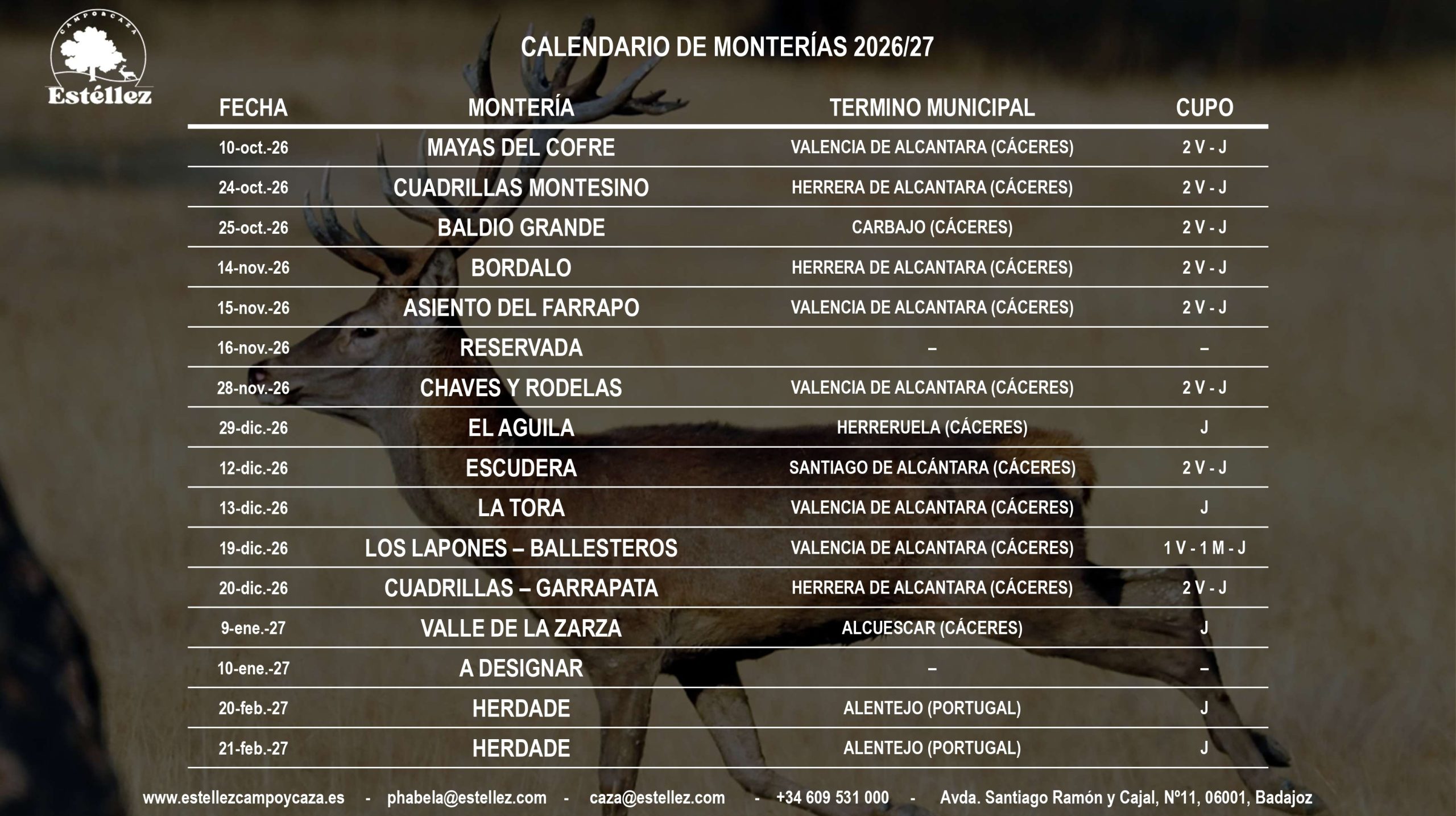 Calendario Monterias 2026-27 ESTELLEZ CAMPO Y CAZA